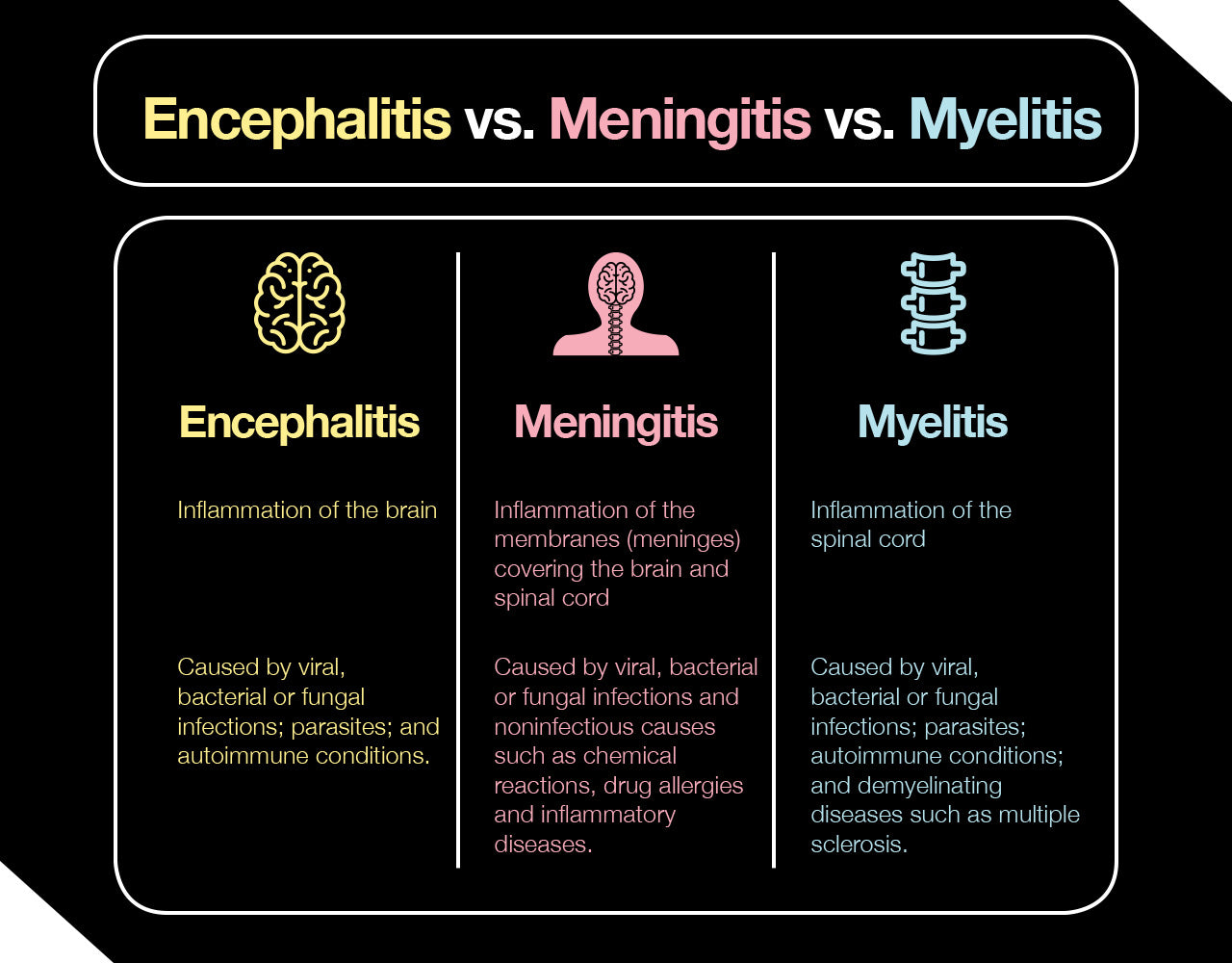 Difference between encephalitis, meningitis & myelitis