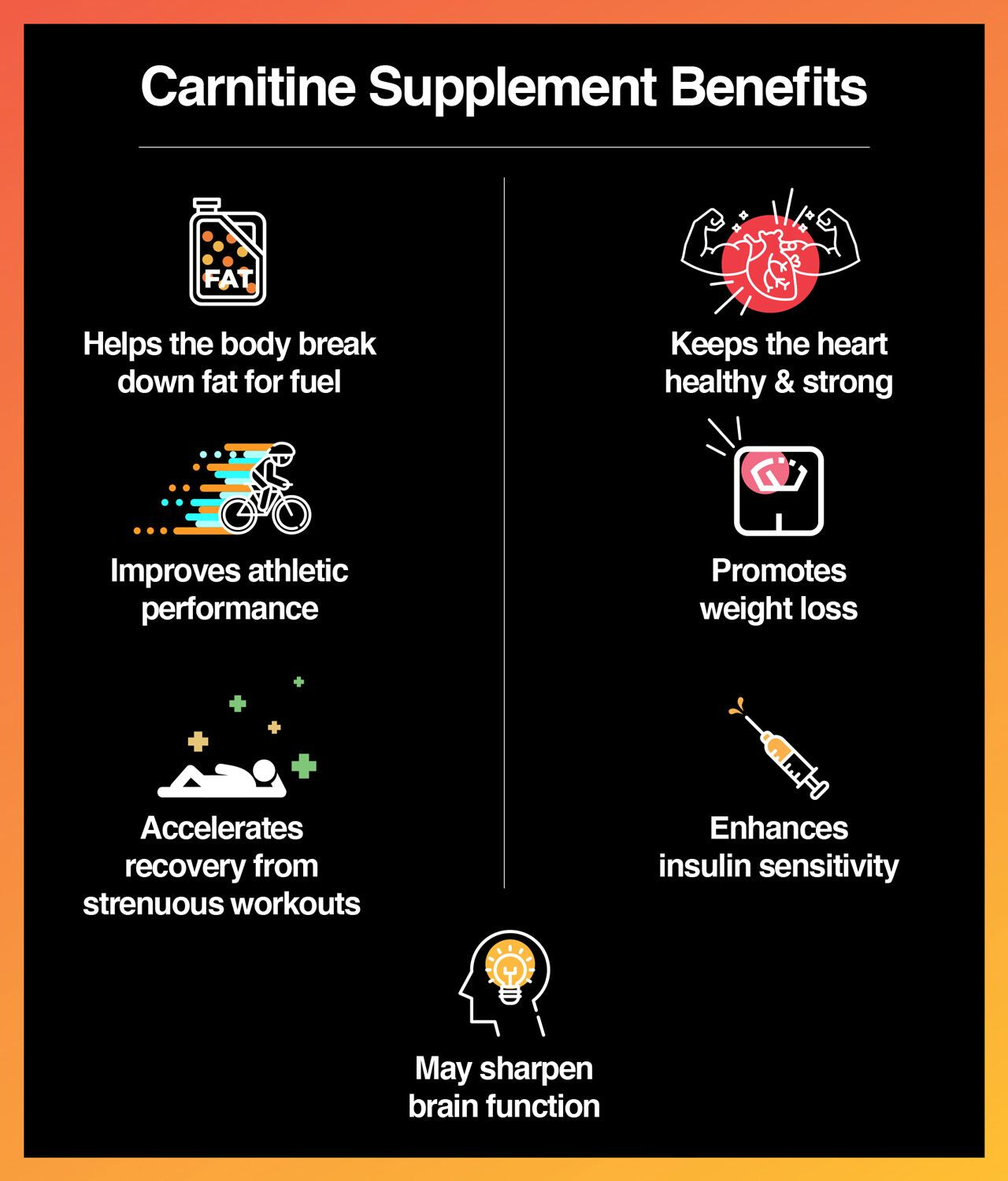 Carnitine helps the body break down fatty acids for energy.