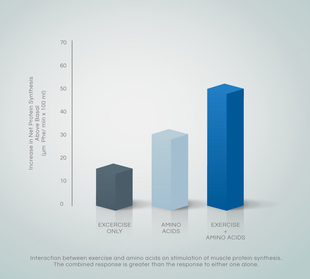 Together, resistance exercise and EAAs can stimulate muscle protein synthesis greater than they can alone.