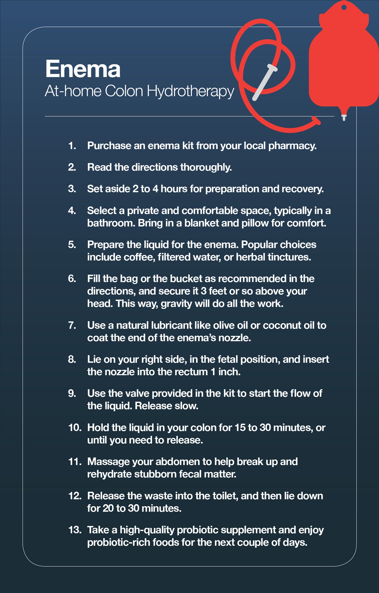 Here are directions on how to perform an enema at home.