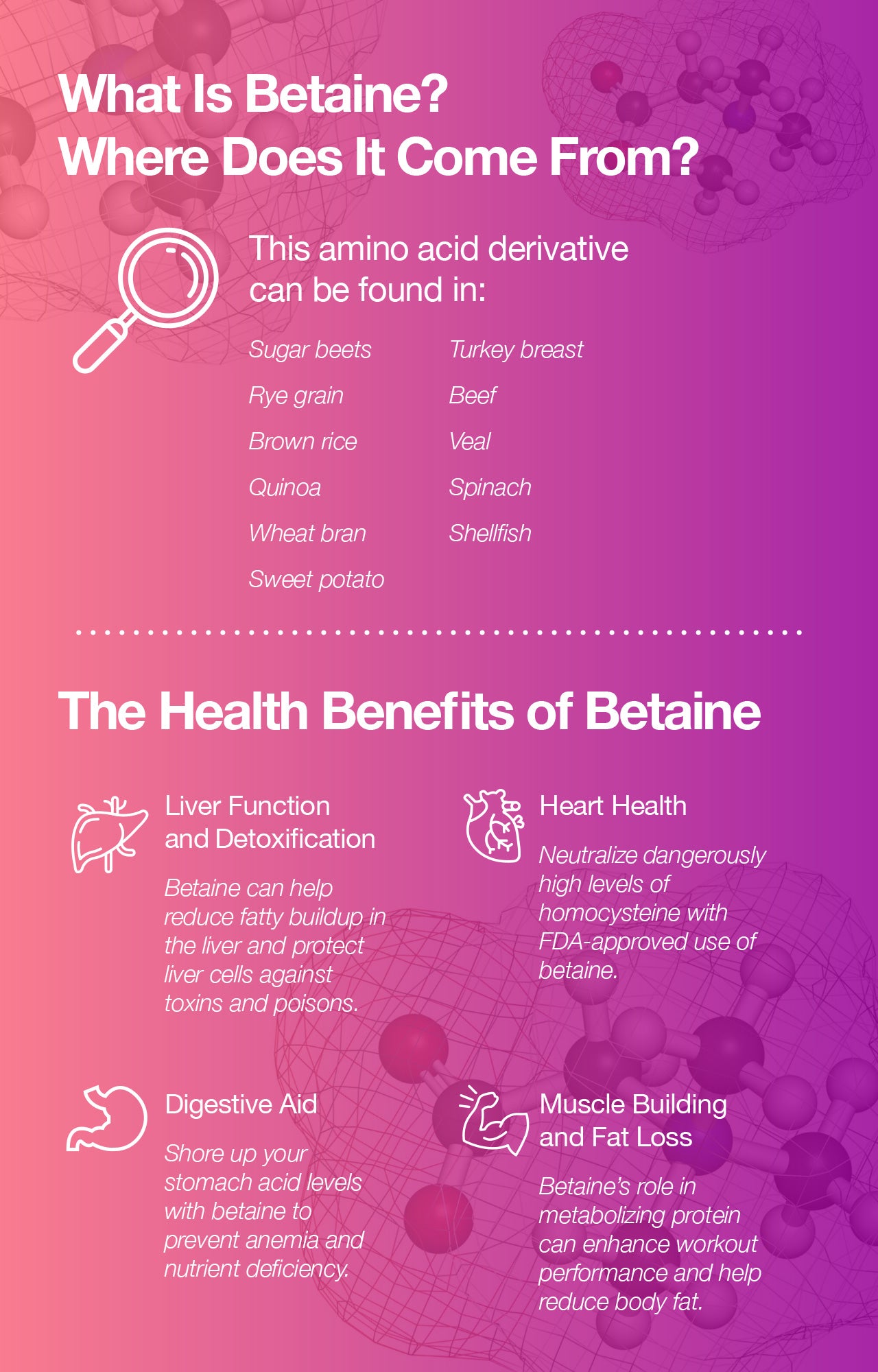 Betaine sources, uses, and health benefits.