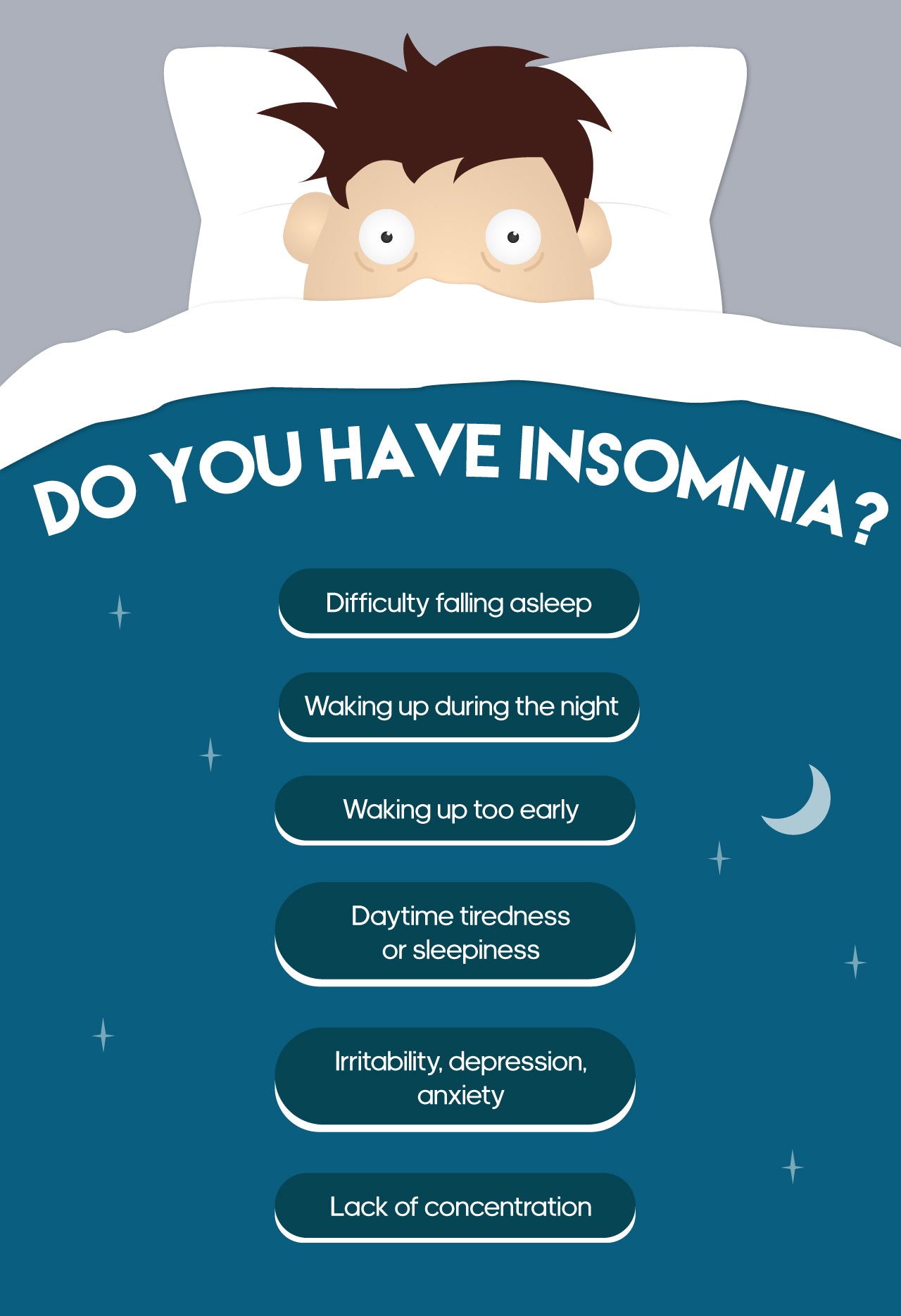 Insomnia makes it hard to fall asleep, stay asleep, or cause you to wake up too early and not be able to get back to sleep